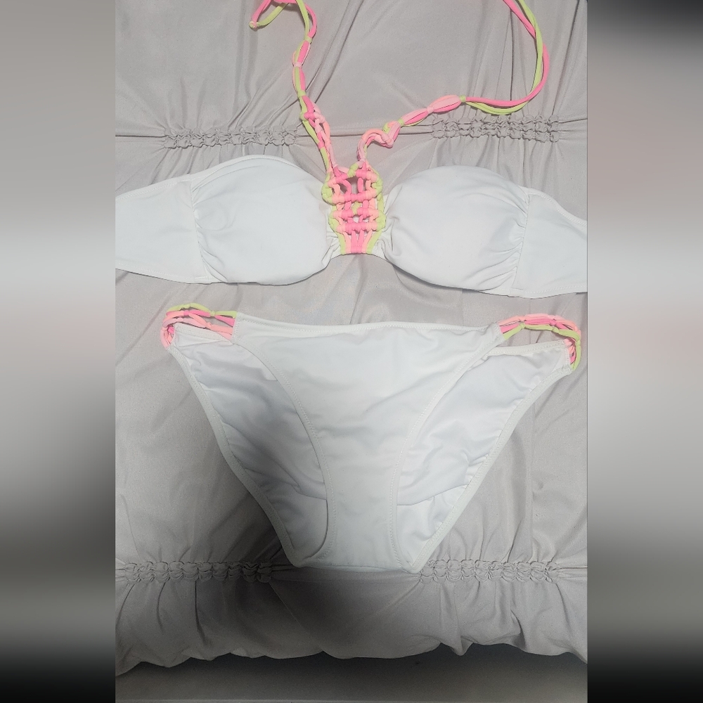 Victoria Secret White Bikini with Pink and Yellow Accents